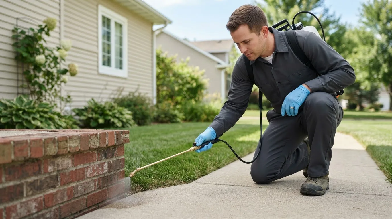 Pest control technician treating a home near Russellville, IN