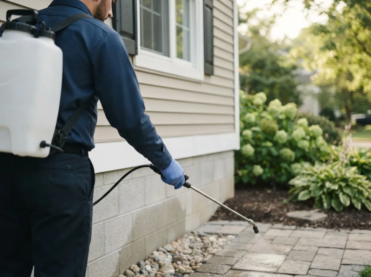 Pest control technician inspecting a home in Russellville, IN